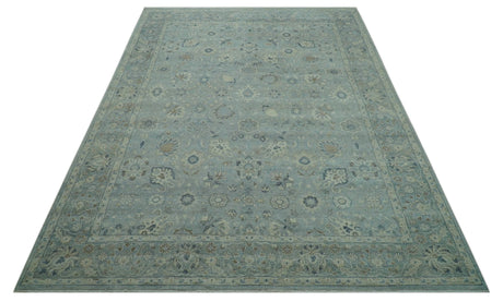 Distressed Hand Knotted Blue And Beige Traditional Design 9x13 Wool Area Rug