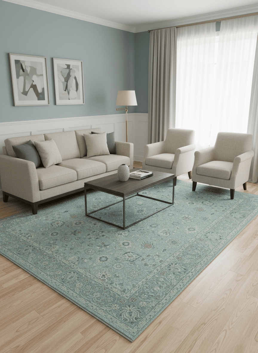 Distressed Hand Knotted Blue And Beige Traditional Design 9x13 Wool Area Rug