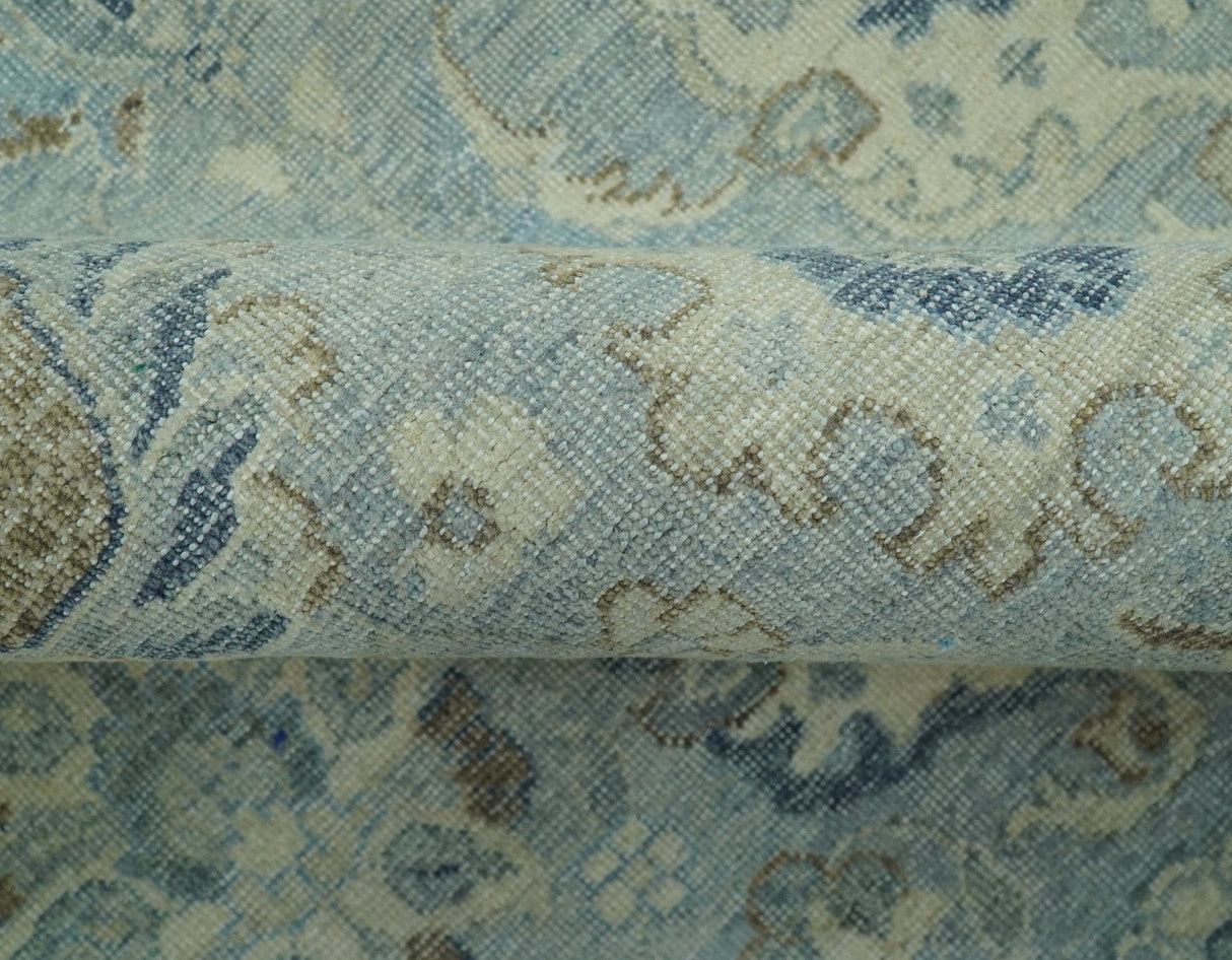 Distressed Hand Knotted Blue And Beige Traditional Design 9x13 Wool Area Rug