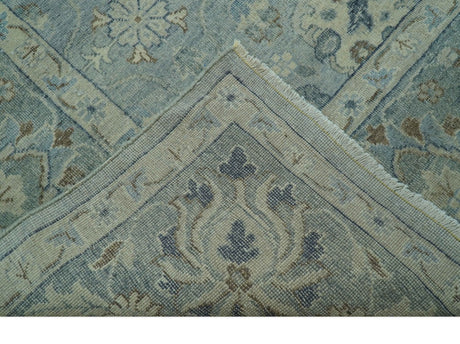 Distressed Hand Knotted Blue And Beige Traditional Design 9x13 Wool Area Rug