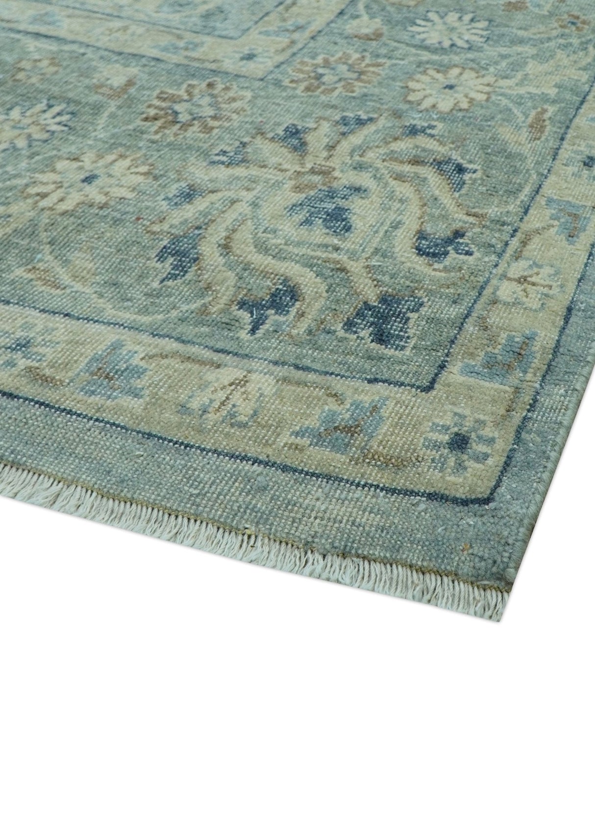 Distressed Hand Knotted Blue And Beige Traditional Design 9x13 Wool Area Rug