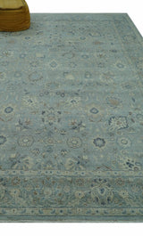 Distressed Hand Knotted Blue And Beige Traditional Design 9x13 Wool Area Rug