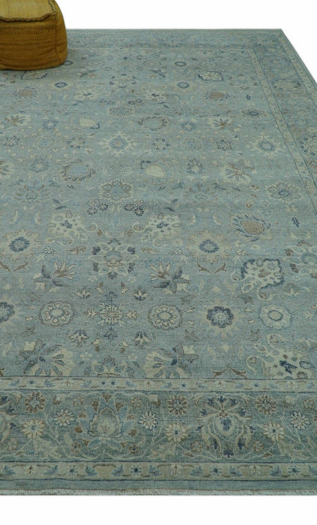 Distressed Hand Knotted Blue And Beige Traditional Design 9x13 Wool Area Rug