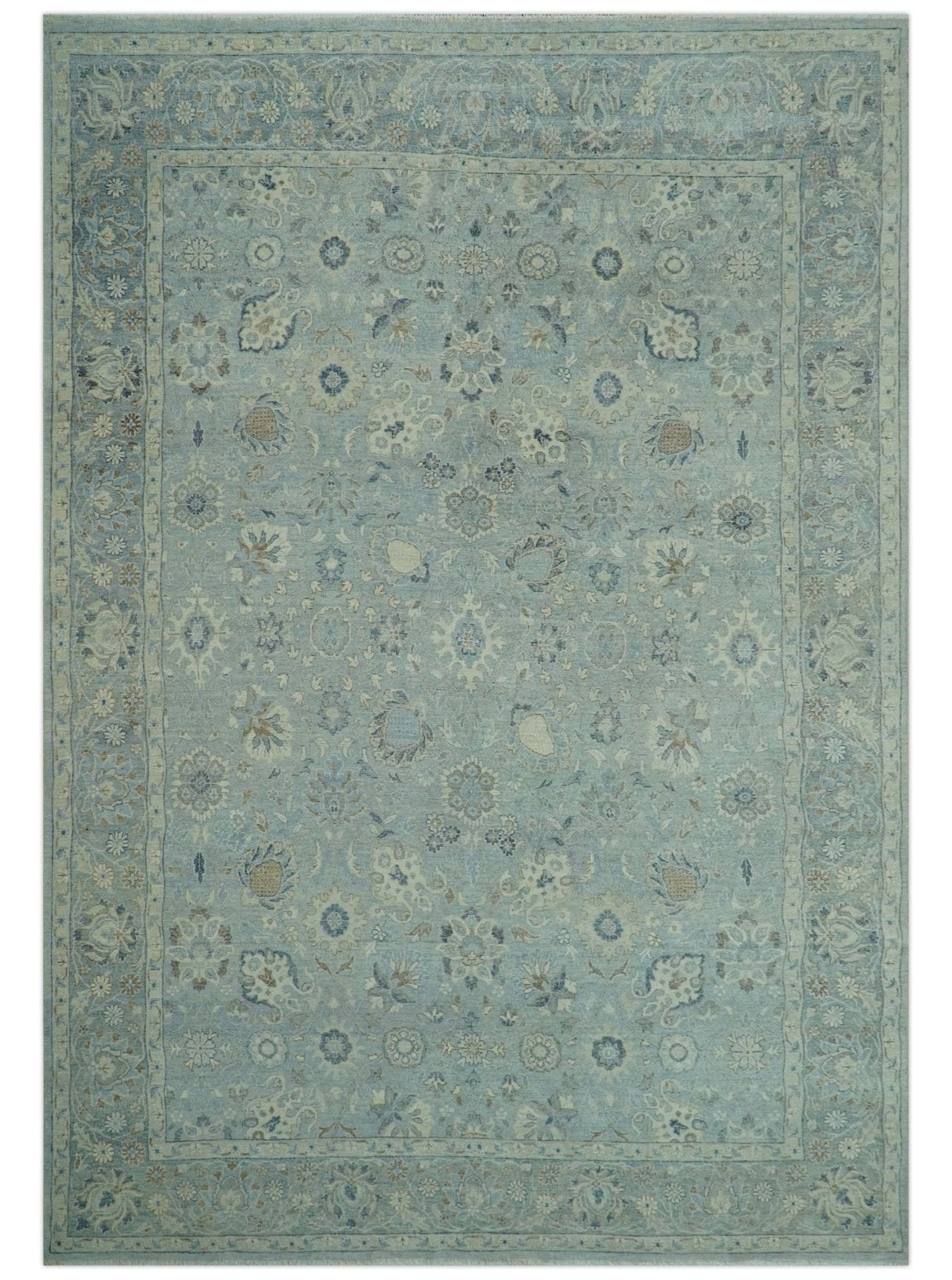 Distressed Hand Knotted Blue And Beige Traditional Design 9x13 Wool Area Rug