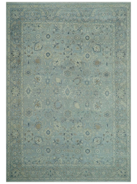 Distressed Hand Knotted Blue And Beige Traditional Design 9x13 Wool Area Rug