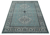 Distressed Hand Knotted Multi Size Blue, Silver and Charcoal Traditional Low Pile Wool Area Rug