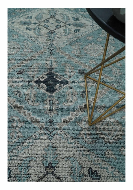 Distressed Hand Knotted Multi Size Blue, Silver and Charcoal Traditional Low Pile Wool Area Rug