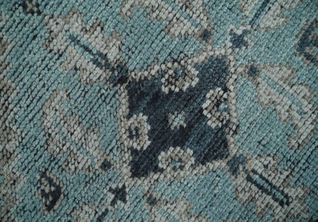Distressed Hand Knotted Multi Size Blue, Silver and Charcoal Traditional Low Pile Wool Area Rug