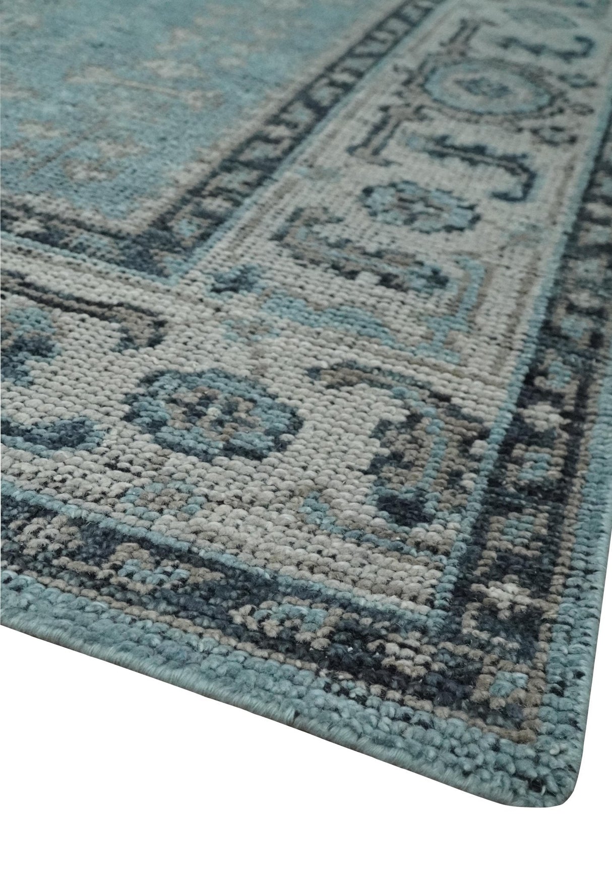 Distressed Hand Knotted Multi Size Blue, Silver and Charcoal Traditional Low Pile Wool Area Rug