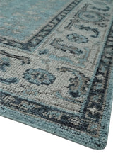 Distressed Hand Knotted Multi Size Blue, Silver and Charcoal Traditional Low Pile Wool Area Rug