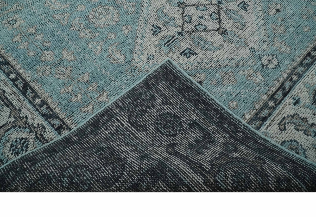 Distressed Hand Knotted Multi Size Blue, Silver and Charcoal Traditional Low Pile Wool Area Rug