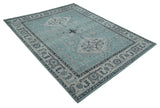 Distressed Hand Knotted Multi Size Blue, Silver and Charcoal Traditional Low Pile Wool Area Rug