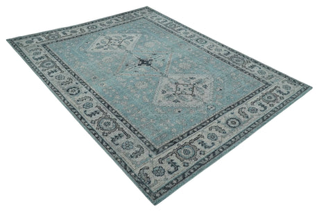 Distressed Hand Knotted Multi Size Blue, Silver and Charcoal Traditional Low Pile Wool Area Rug