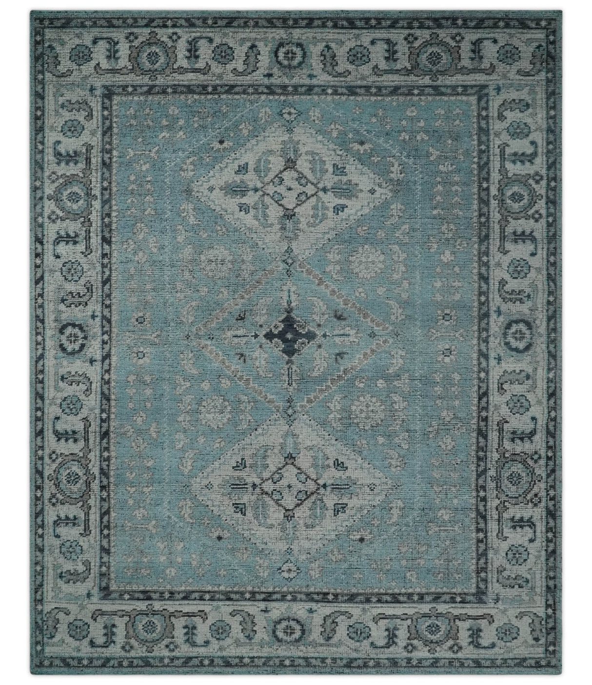 Distressed Hand Knotted Multi Size Blue, Silver and Charcoal Traditional Low Pile Wool Area Rug