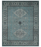 Distressed Hand Knotted Multi Size Blue, Silver and Charcoal Traditional Low Pile Wool Area Rug