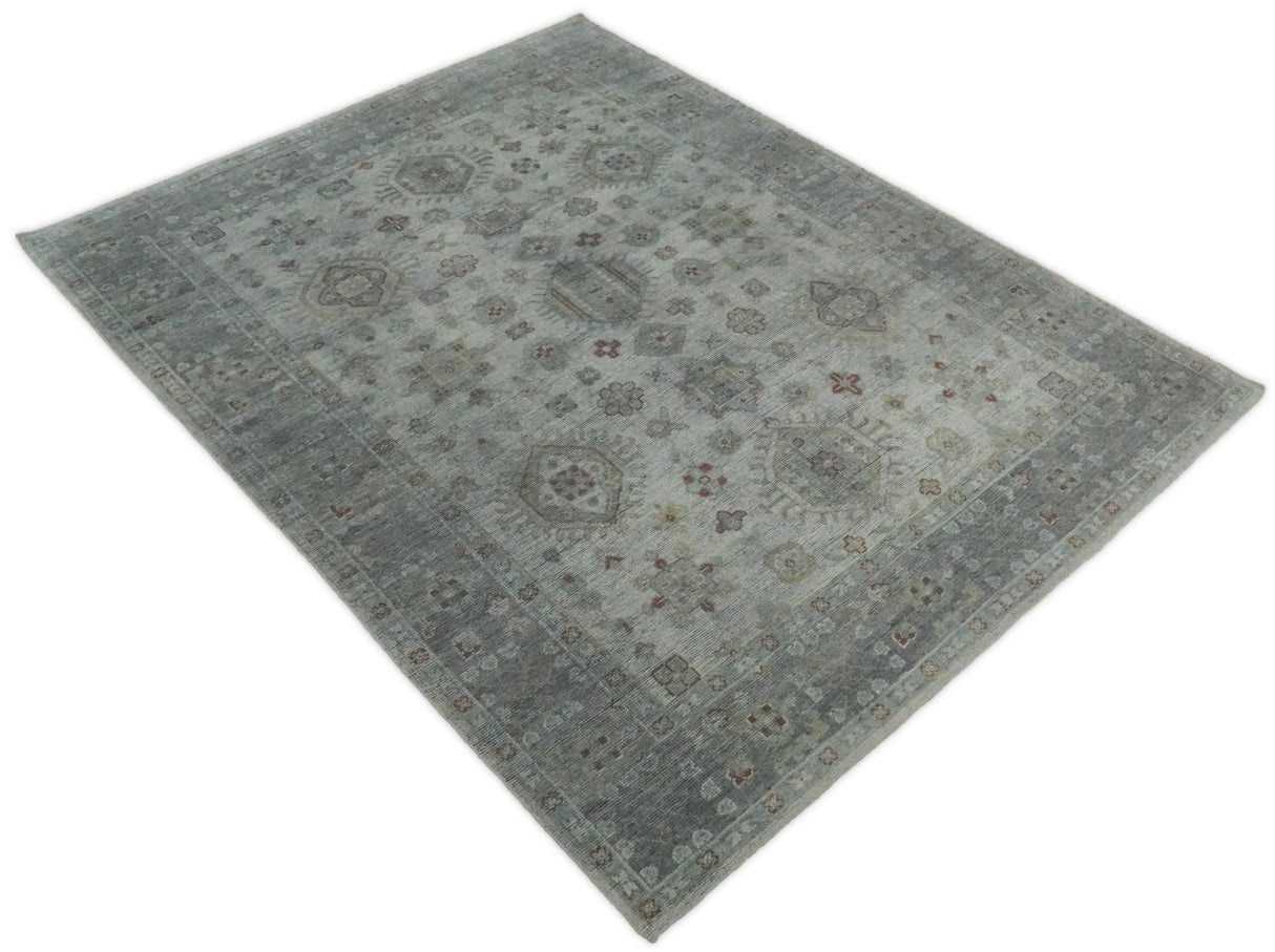 Distressed Hand Knotted Traditional Silver and Rust Custom Made Wool Area Rug