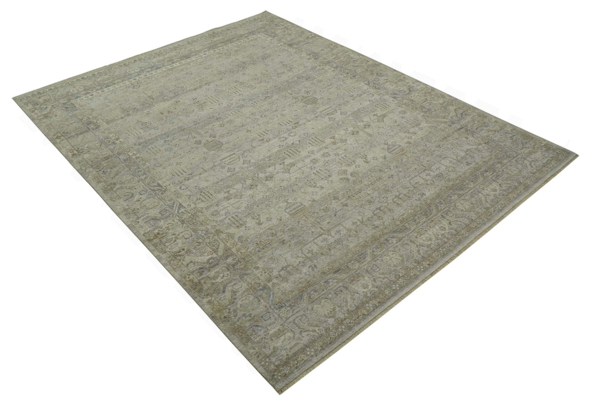 Distressed Silver And Beige Hand Knotted khotan design Custom Made wool area rug