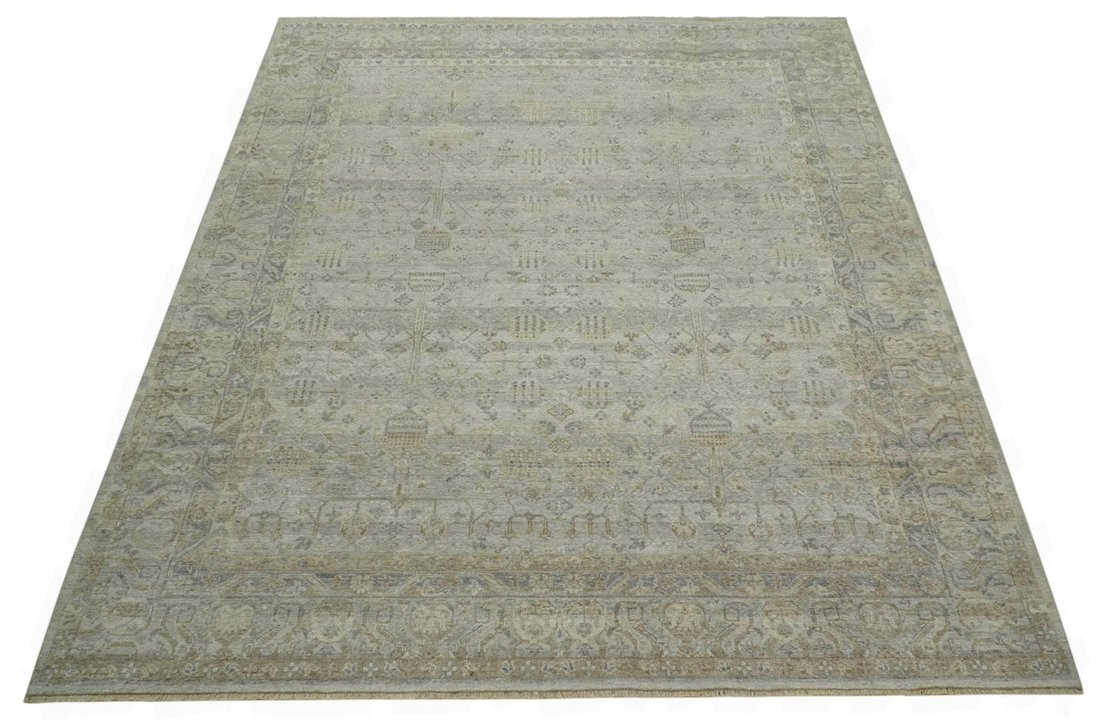 Distressed Silver And Beige Hand Knotted khotan design Custom Made wool area rug