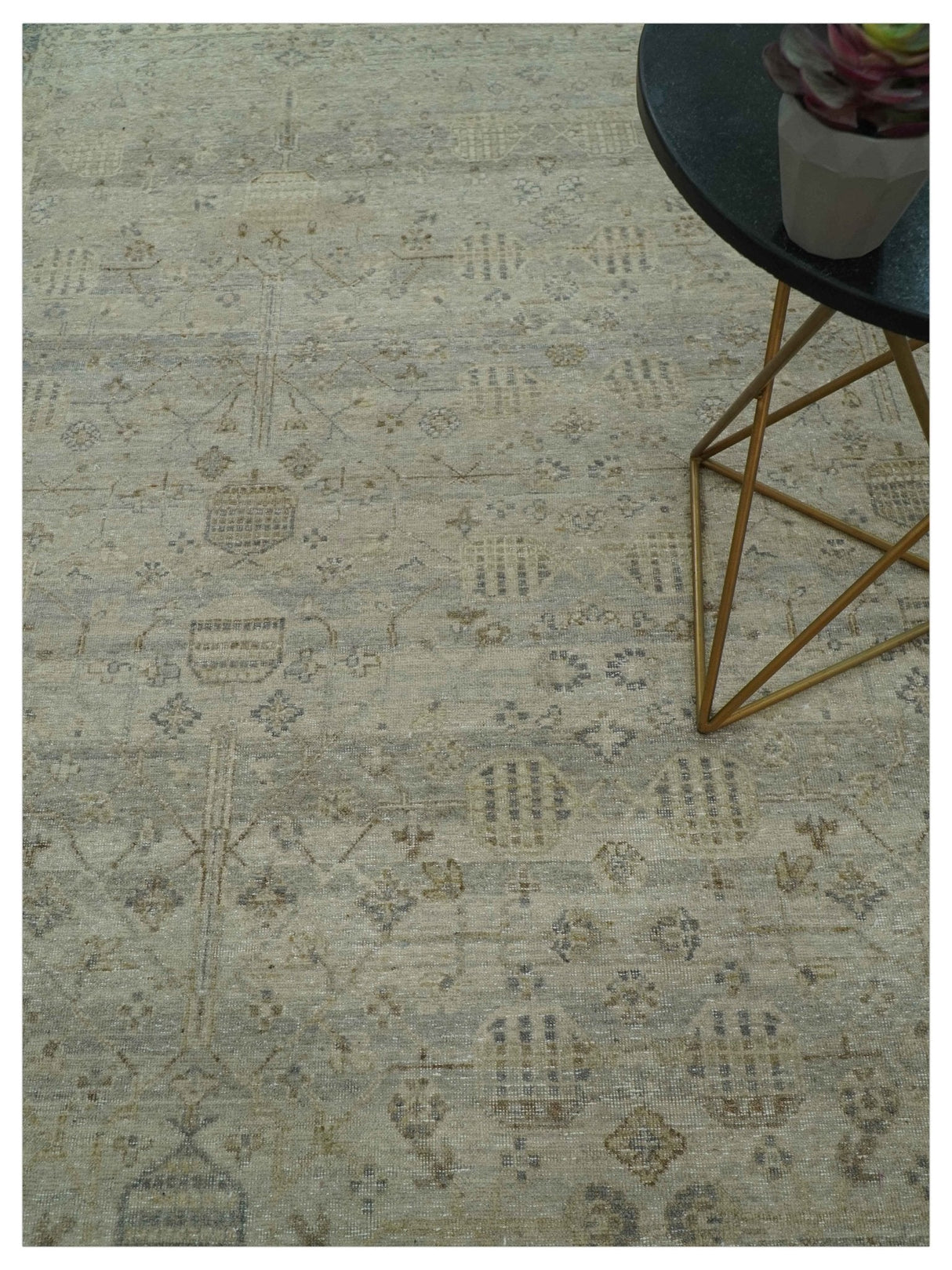 Distressed Silver And Beige Hand Knotted khotan design Custom Made wool area rug
