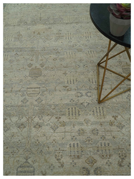 Distressed Silver And Beige Hand Knotted khotan design Custom Made wool area rug