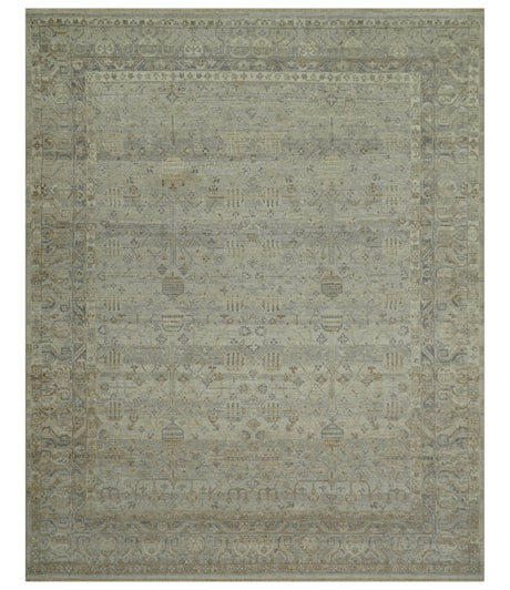 Distressed Silver And Beige Hand Knotted khotan design Custom Made wool area rug