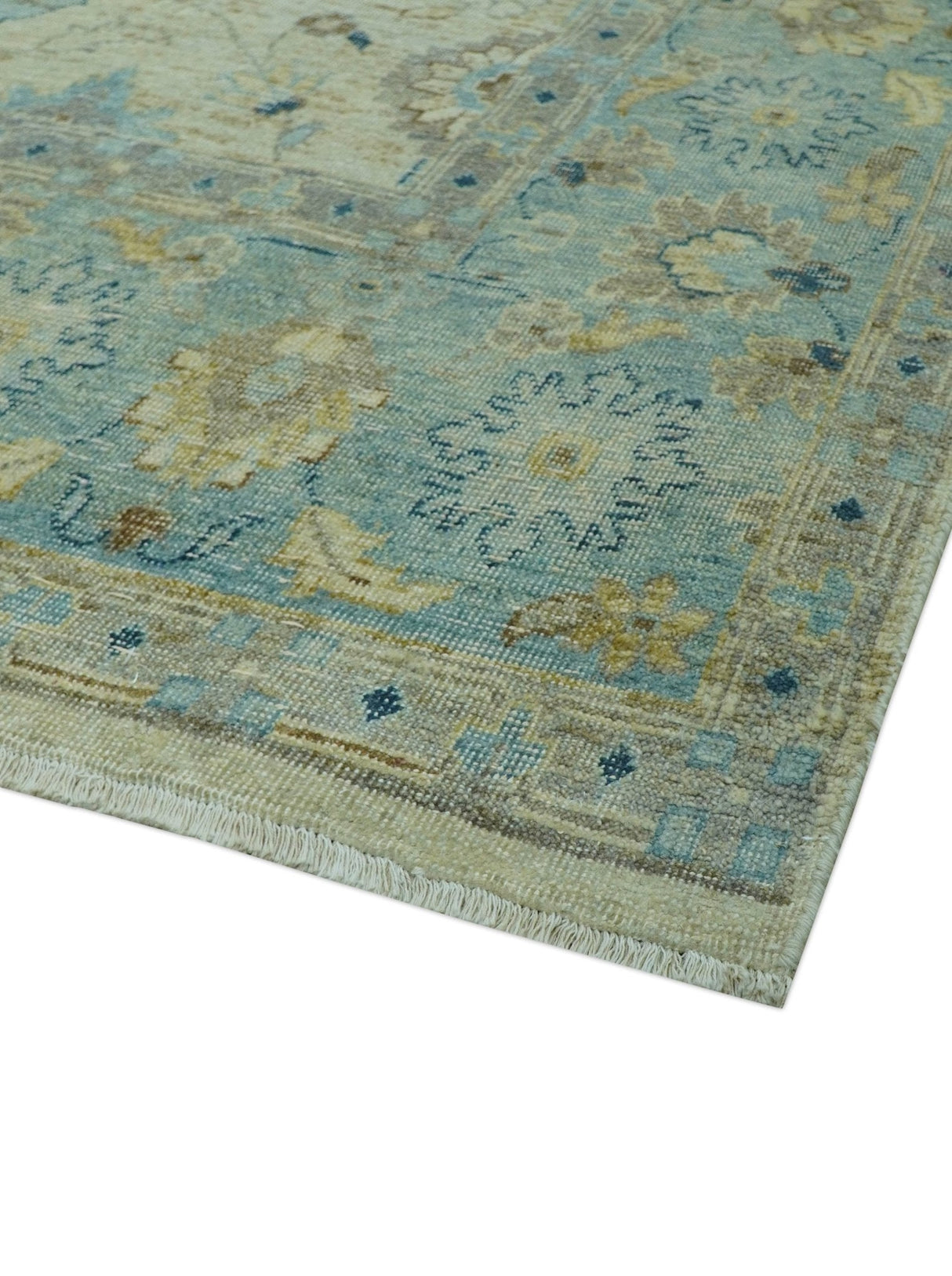 Distressed traditional Design Blue And Beige Hand Knotted 8x10 Wool Area Rug
