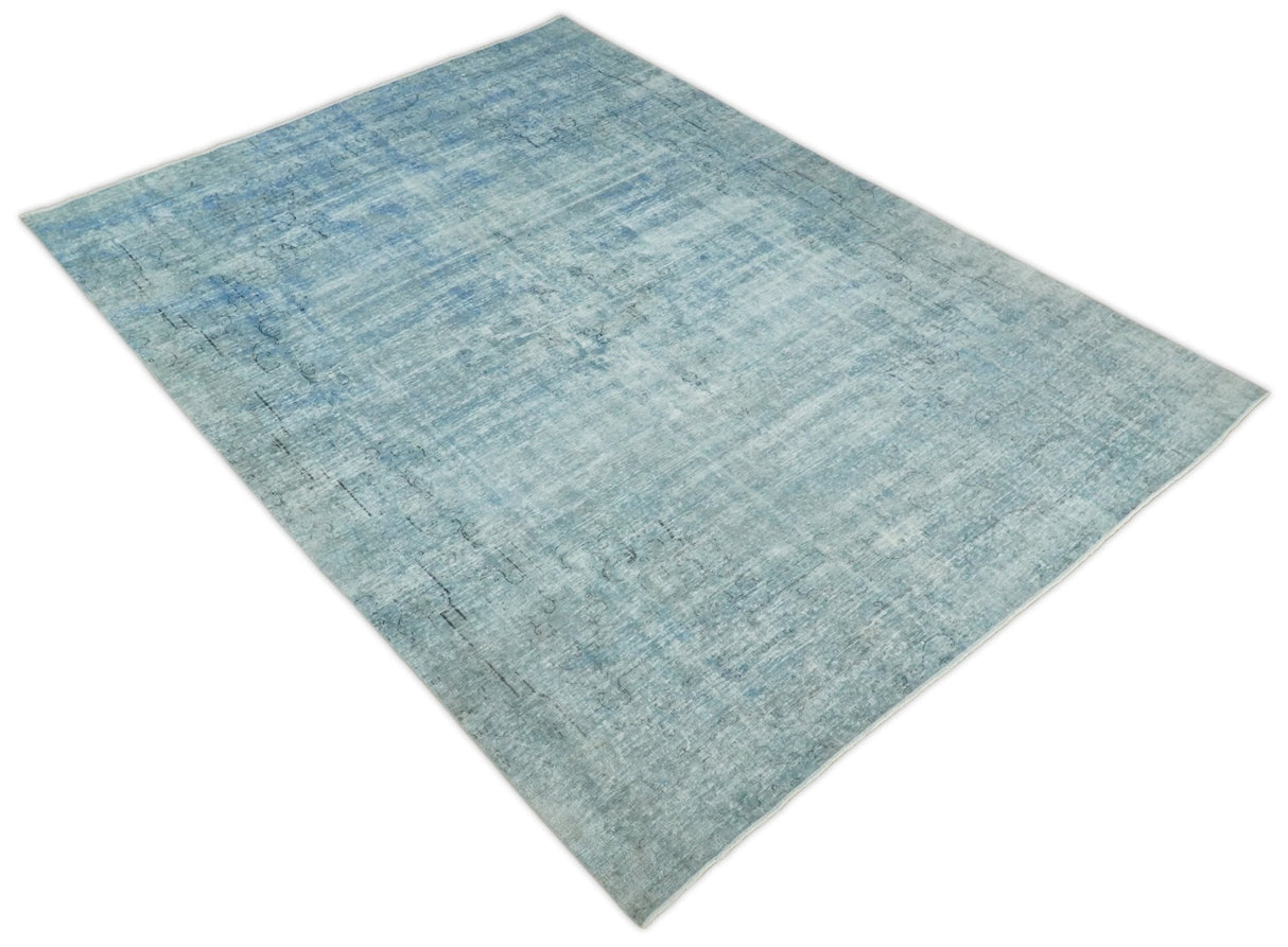 Distressed Vintage 8x11 Blue Modern Oxidized Textured Low Pile Wool Rug