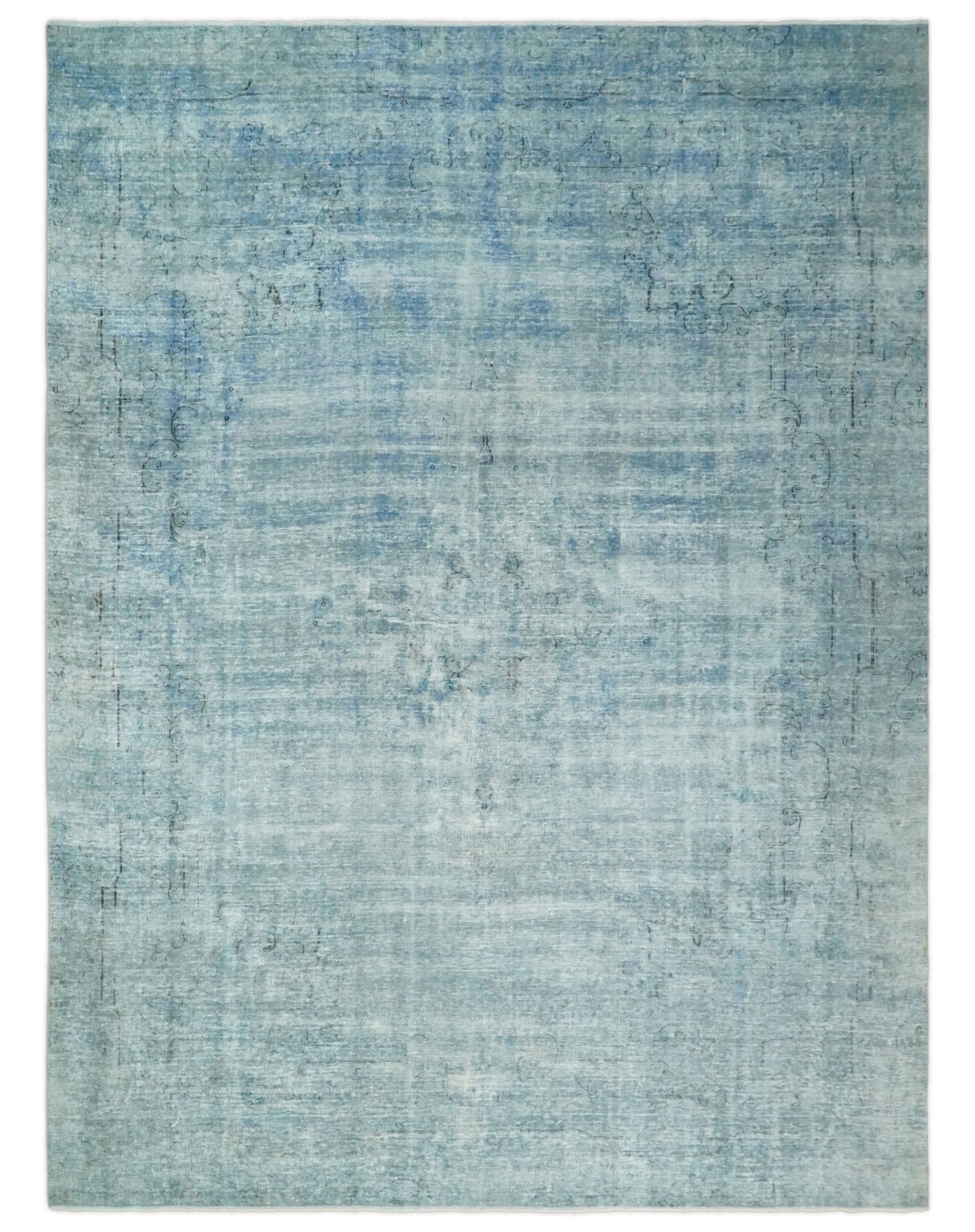 Distressed Vintage 8x11 Blue Modern Oxidized Textured Low Pile Wool Rug