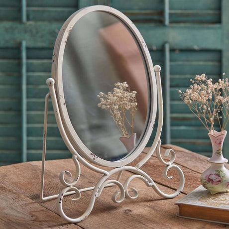 Distressed White Metal Oval Tabletop Mirror-Mirror-Parc Decor
