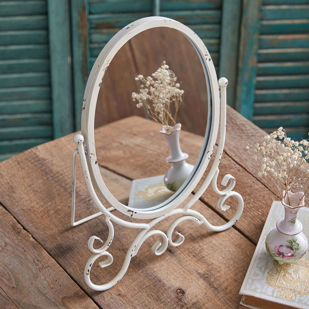 Distressed White Metal Oval Tabletop Mirror-Mirror-Parc Decor