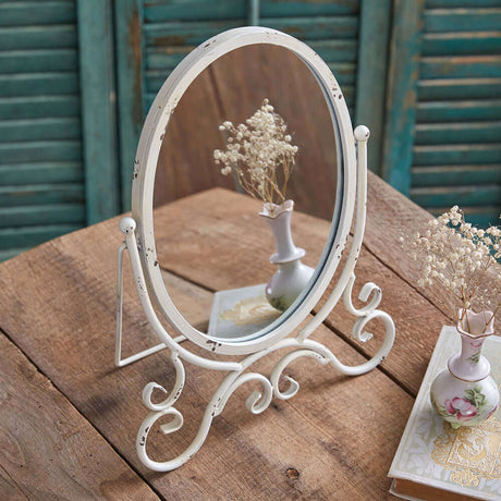 Distressed White Metal Oval Tabletop Mirror-Mirror-Parc Decor