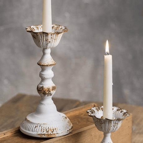Distressed White Metal Taper Cottagecore Candle Holders (Set of 2)-Candleholder-Parc Decor