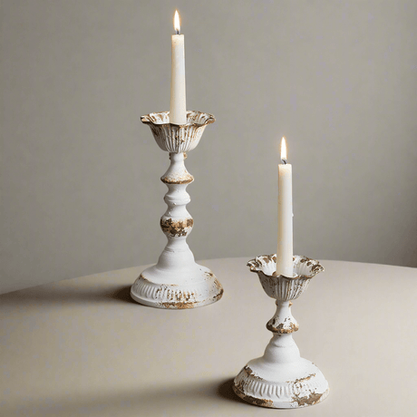 Distressed White Metal Taper Cottagecore Candle Holders (Set of 2)-Candleholder-Parc Decor