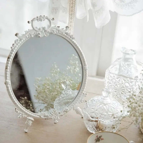 Distressed White Vintage Makeup Mirror with Ornate Pewter Frame-Mirror-Parc Decor