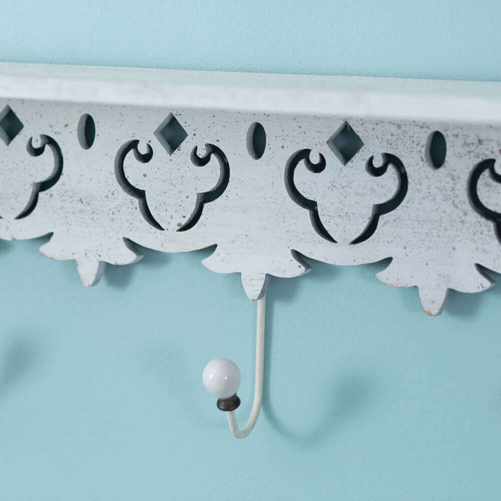 Distressed White Wood Wall Shelf with Hooks-Wall Decor-Parc Decor