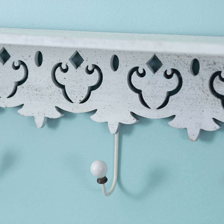 Distressed White Wood Wall Shelf with Hooks-Wall Decor-Parc Decor