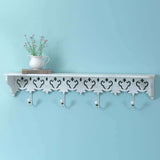 Distressed White Wood Wall Shelf with Hooks-Wall Decor-Parc Decor