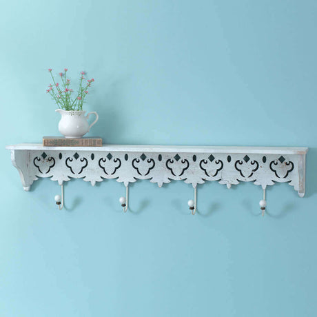 Distressed White Wood Wall Shelf with Hooks-Wall Decor-Parc Decor