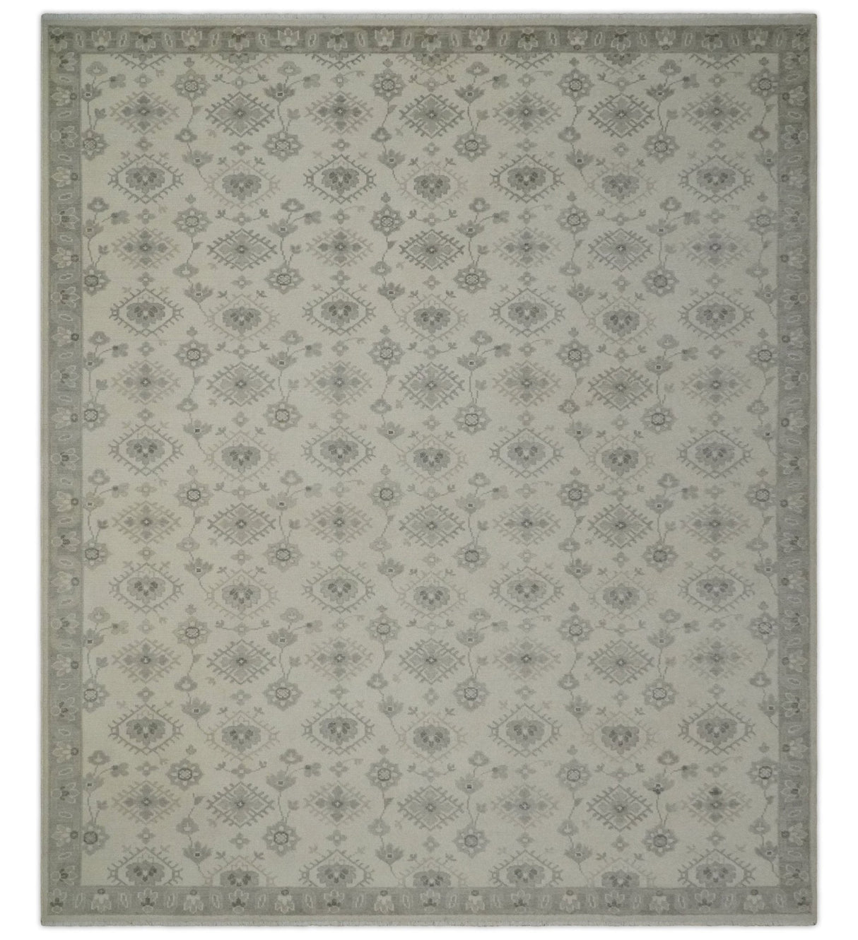 Earthy Contemporary 8x10 Traditional Ivory and Gray Antique Style Hand knotted Wool Area Rug