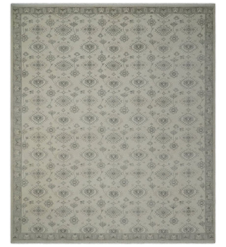 Earthy Contemporary 8x10 Traditional Ivory and Gray Antique Style Hand knotted Wool Area Rug
