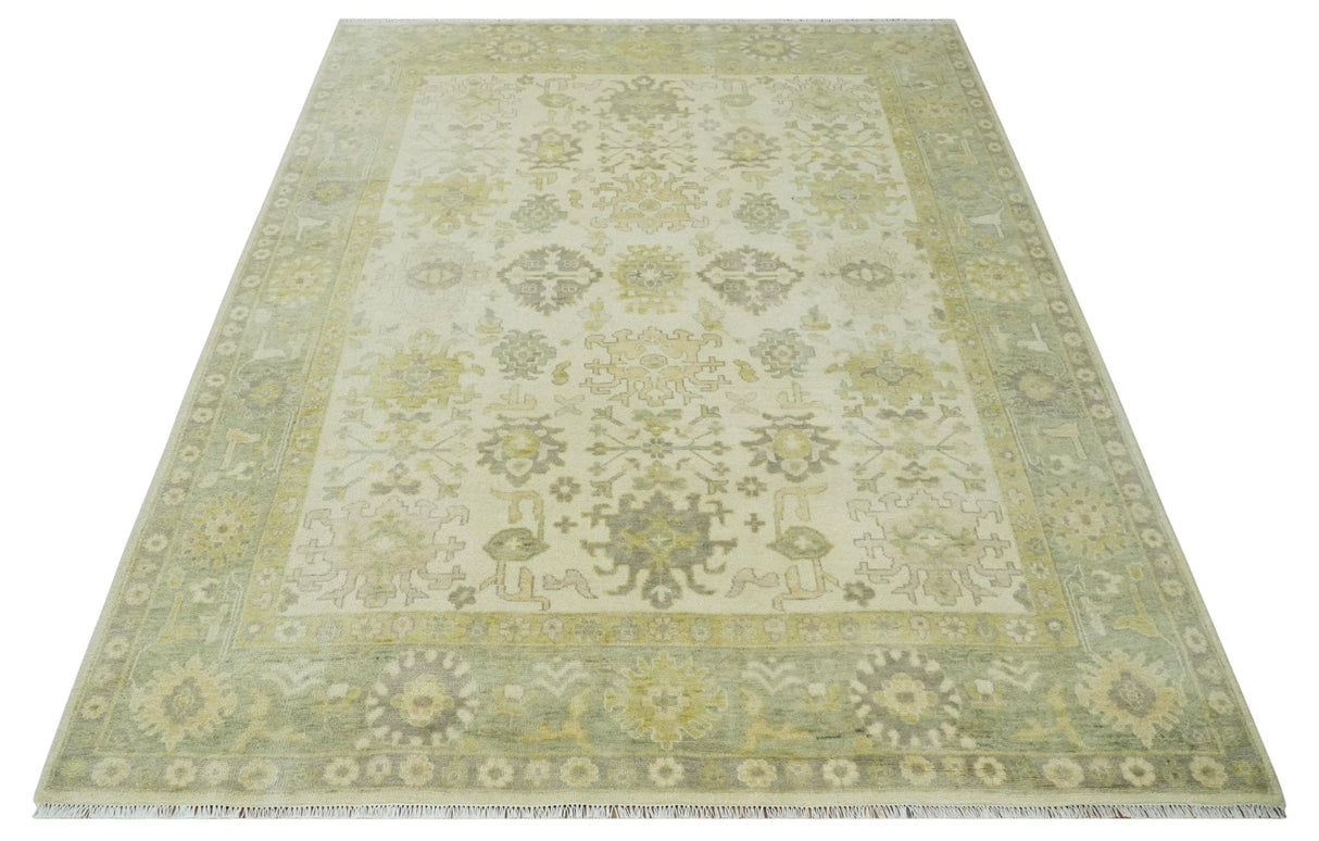 Earthy Ivory and Olive 9x12 Traditional Antique Finish Hand knotted Wool Area Rug-Area Rug-Parc Decor