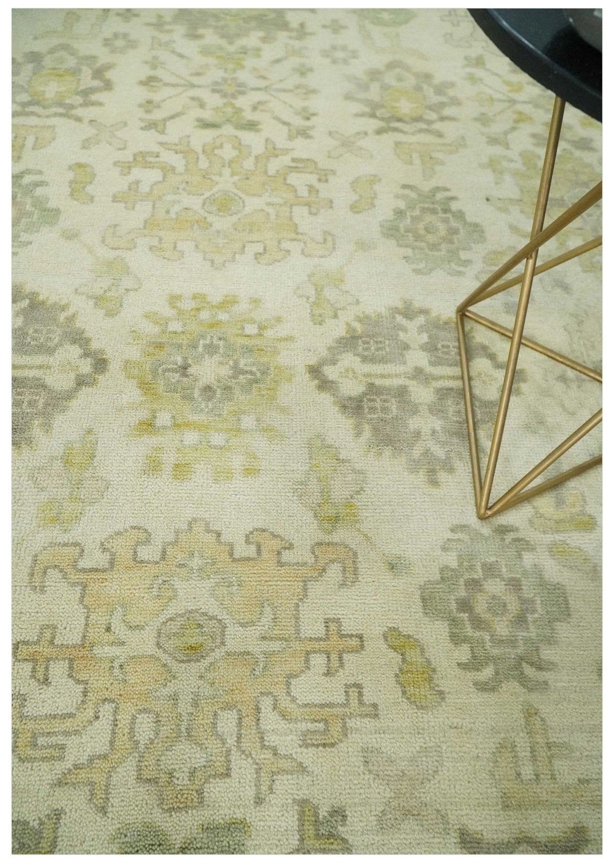 Earthy Ivory and Olive 9x12 Traditional Antique Finish Hand knotted Wool Area Rug-Area Rug-Parc Decor