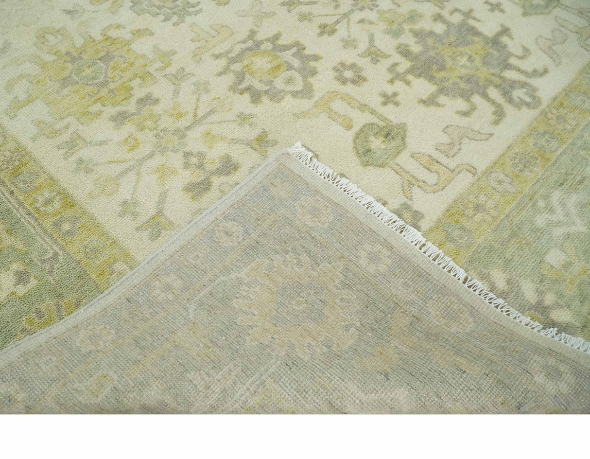 Earthy Ivory and Olive 9x12 Traditional Antique Finish Hand knotted Wool Area Rug-Area Rug-Parc Decor