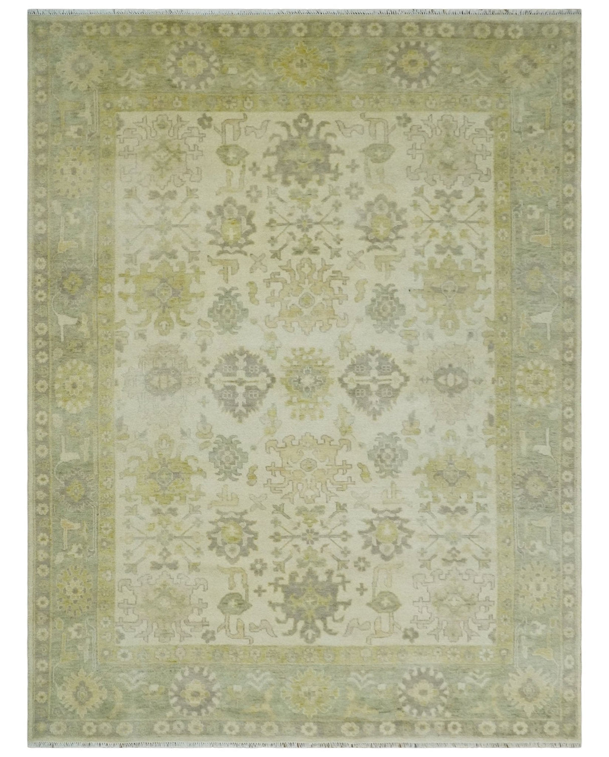 Earthy Ivory and Olive 9x12 Traditional Antique Finish Hand knotted Wool Area Rug-Area Rug-Parc Decor