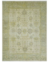 Earthy Ivory and Olive 9x12 Traditional Antique Finish Hand knotted Wool Area Rug-Area Rug-Parc Decor