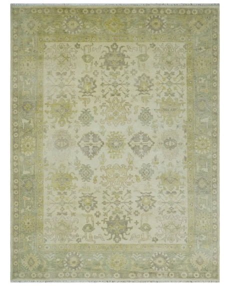 Earthy Ivory and Olive 9x12 Traditional Antique Finish Hand knotted Wool Area Rug-Area Rug-Parc Decor