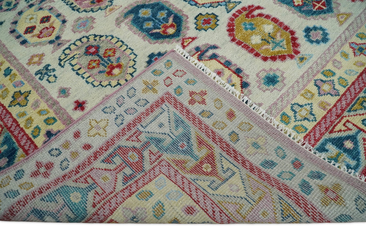 Eclectic Vibrant Colorful Ivory And Teal Traditional design Hand knotted Wool Area Rug