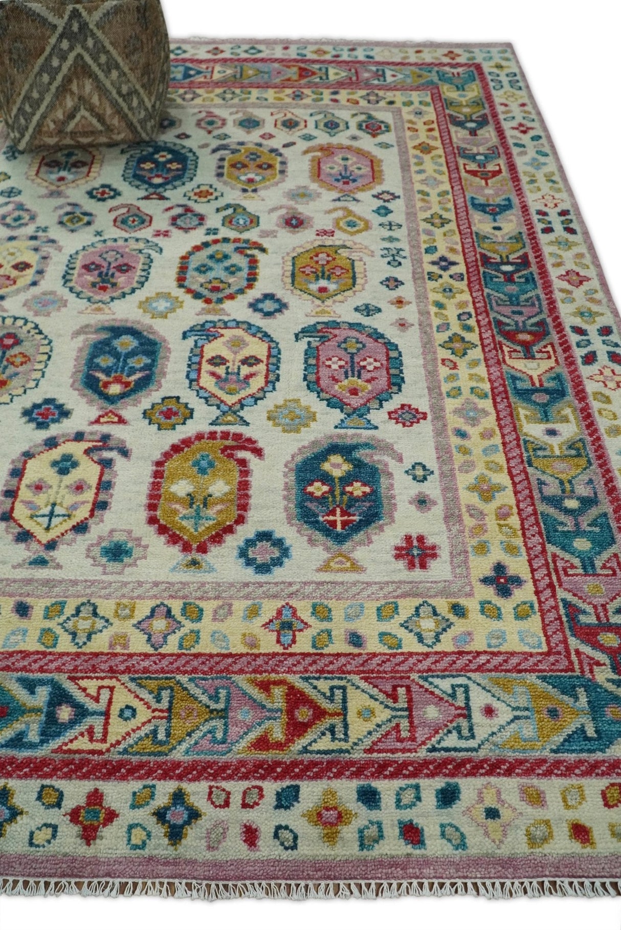 Eclectic Vibrant Colorful Ivory And Teal Traditional design Hand knotted Wool Area Rug