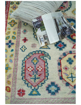 Eclectic Vibrant Colorful Ivory And Teal Traditional design Hand knotted Wool Area Rug