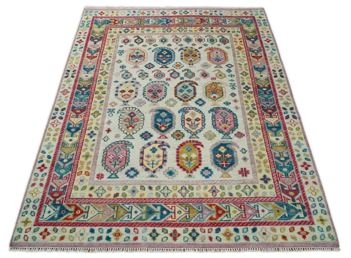 Eclectic Vibrant Colorful Ivory And Teal Traditional design Hand knotted Wool Area Rug